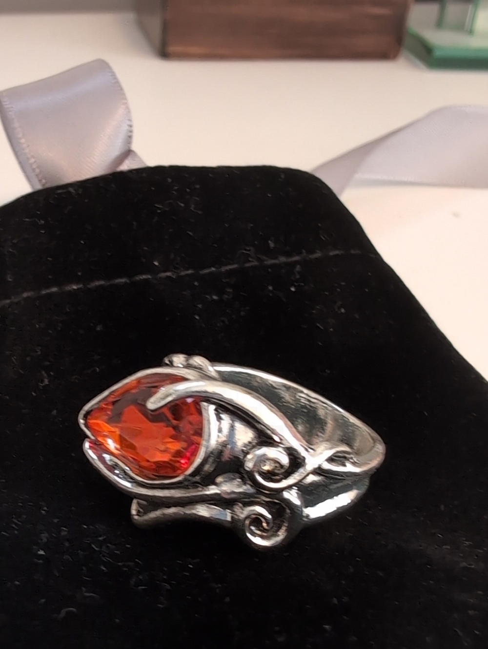Silver-tone Women’s Ring with Orange Gemstone Size 9